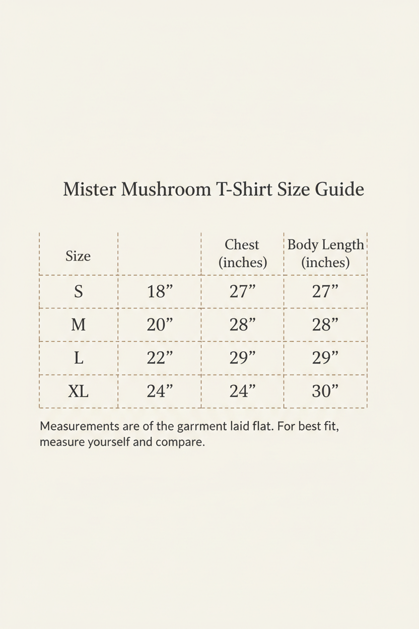 Mister Mushroom T-Shirt Size Chart